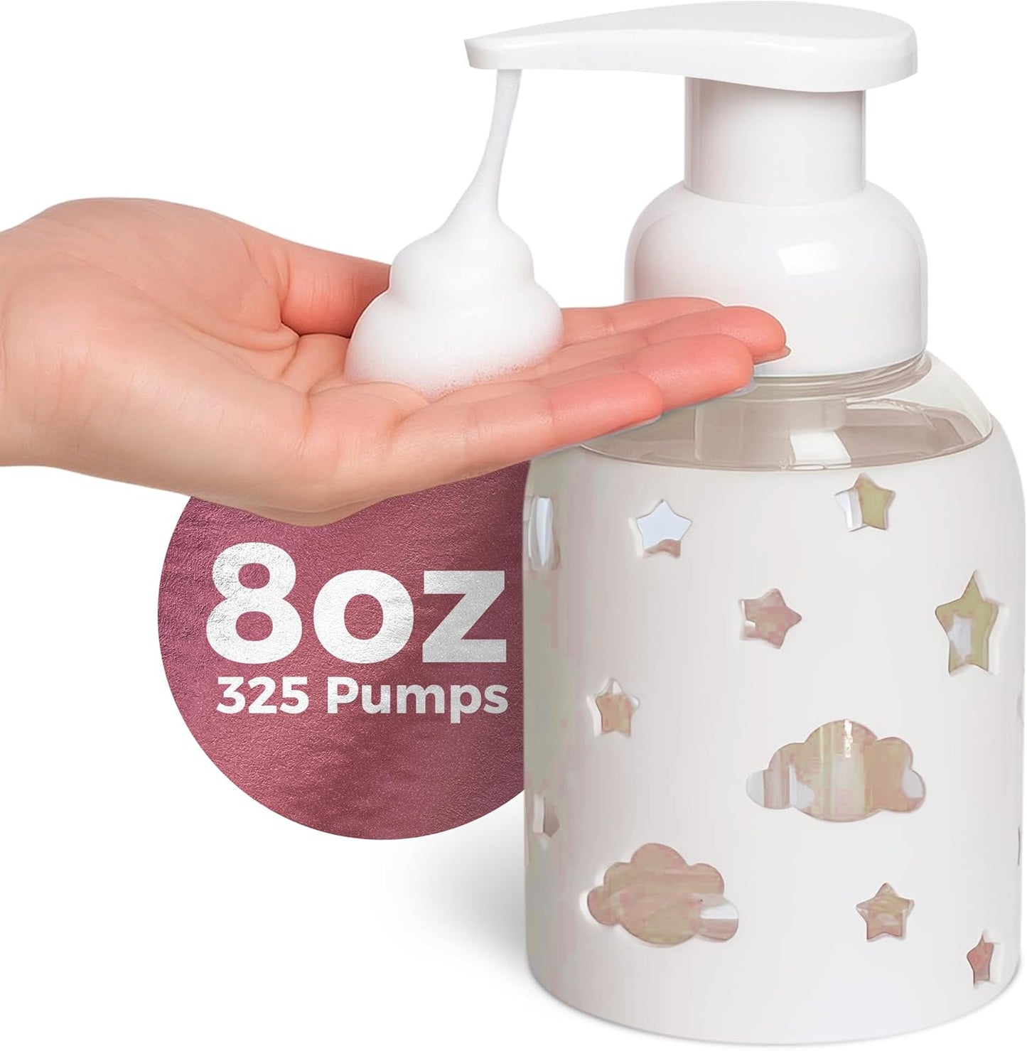 SoCal Suds & Company Glass Foaming Hand Soap Dispenser, Soft Grip Silicone Sleeve, Refillable Pump Bottle for Kids, Baby Wash & Shampoo, Ideal for Home Use, Light Pink 8oz