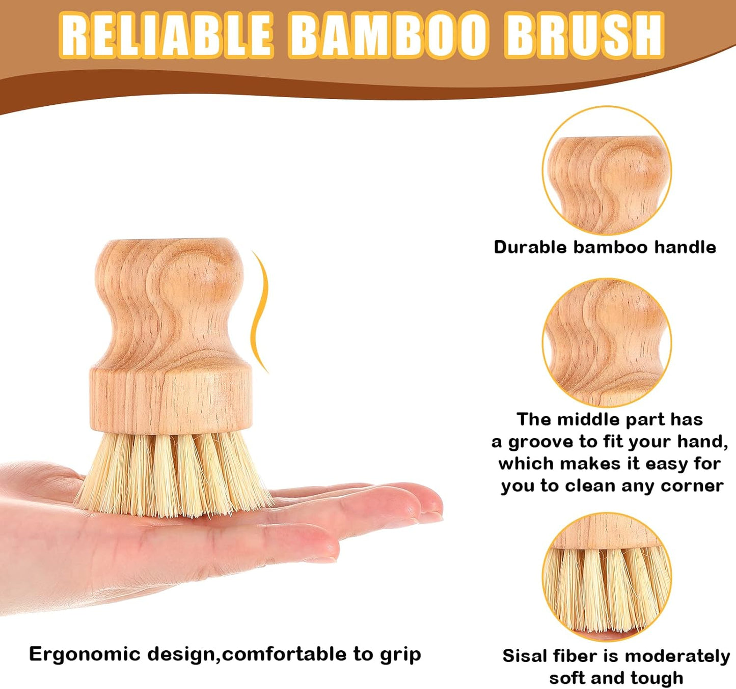 Nuenen 60 Packs Bamboo Dish Scrub Brushes Wooden Scrubbers Set Kitchen Dishwashing Scrubber with Natural Sisal Bristles for Iron Pot Pan Sink