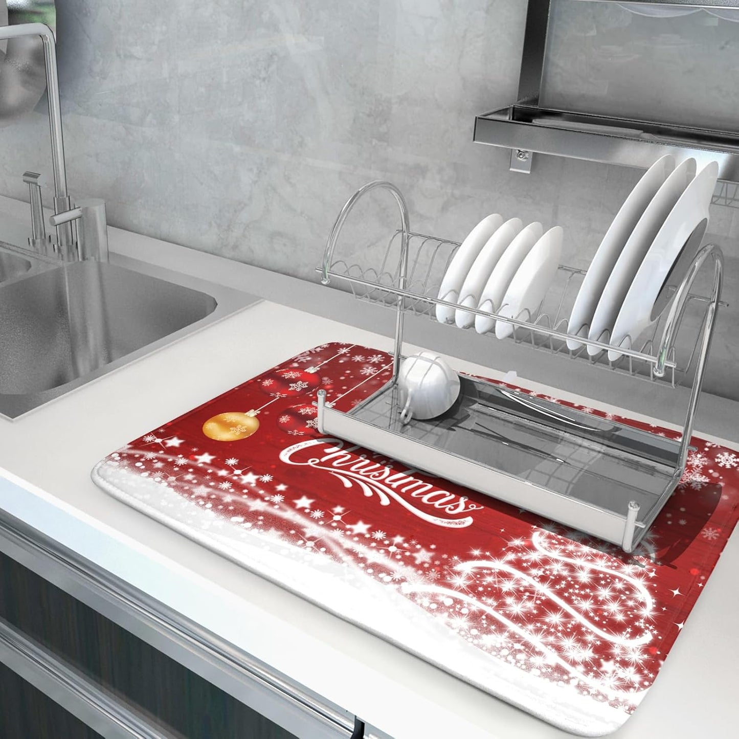 Merry Christmas Dish Drying Mat for Kitchen Counter Winter Snowflake Pine Fast Absorbent Red Drying Mat 18x24 Inch Xmas Jingle Bells Decoration Dishes Pad Dish Drainer Rack Mats Holiday Decor