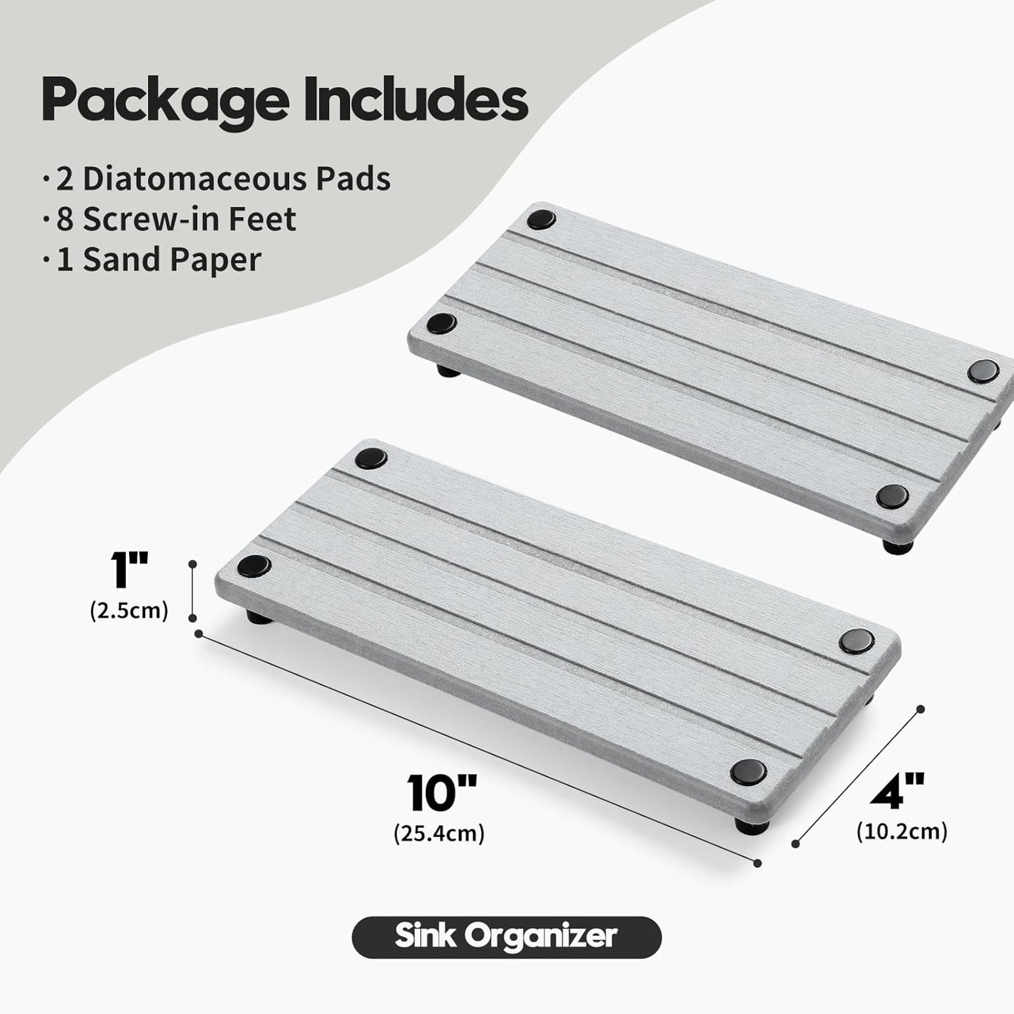 2 Pack Fast Drying Water Absorbing Diatomite Stone Mat Tray for Kitchen & Bathroom Counter - Instant Dry Sink Caddy Organizer - Vanity Holder for Soap, Sponge – Light Gray 10" x 4"