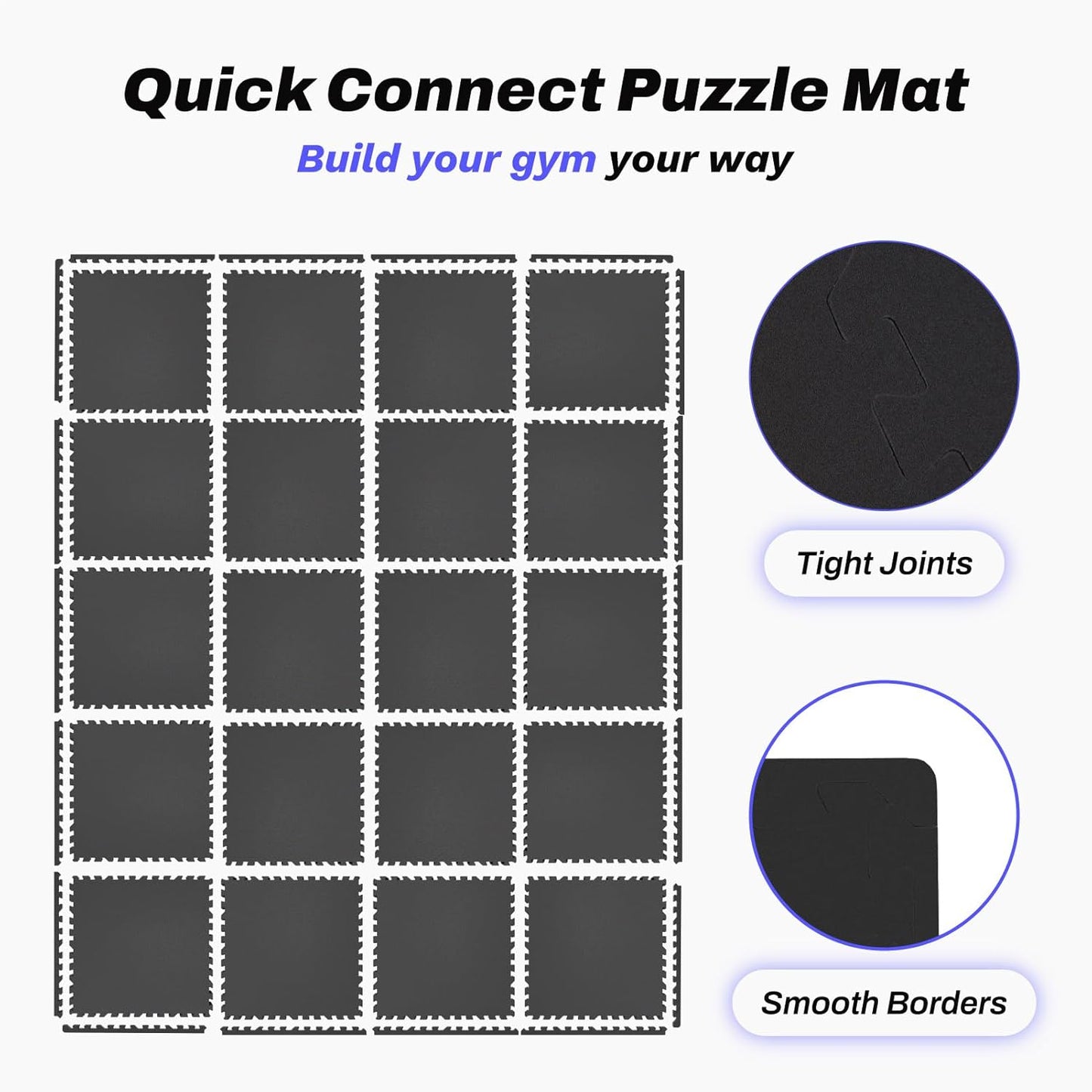 AIRHOP 0.56in Thick 96 Sq Ft Exercise Equipment Mats, 24 Tiles Upgraded Rubber Top with High Density EVA Foam, Large Interlocking Puzzle Gym Flooring for Home Gym, Heavy Weight Workout,Black