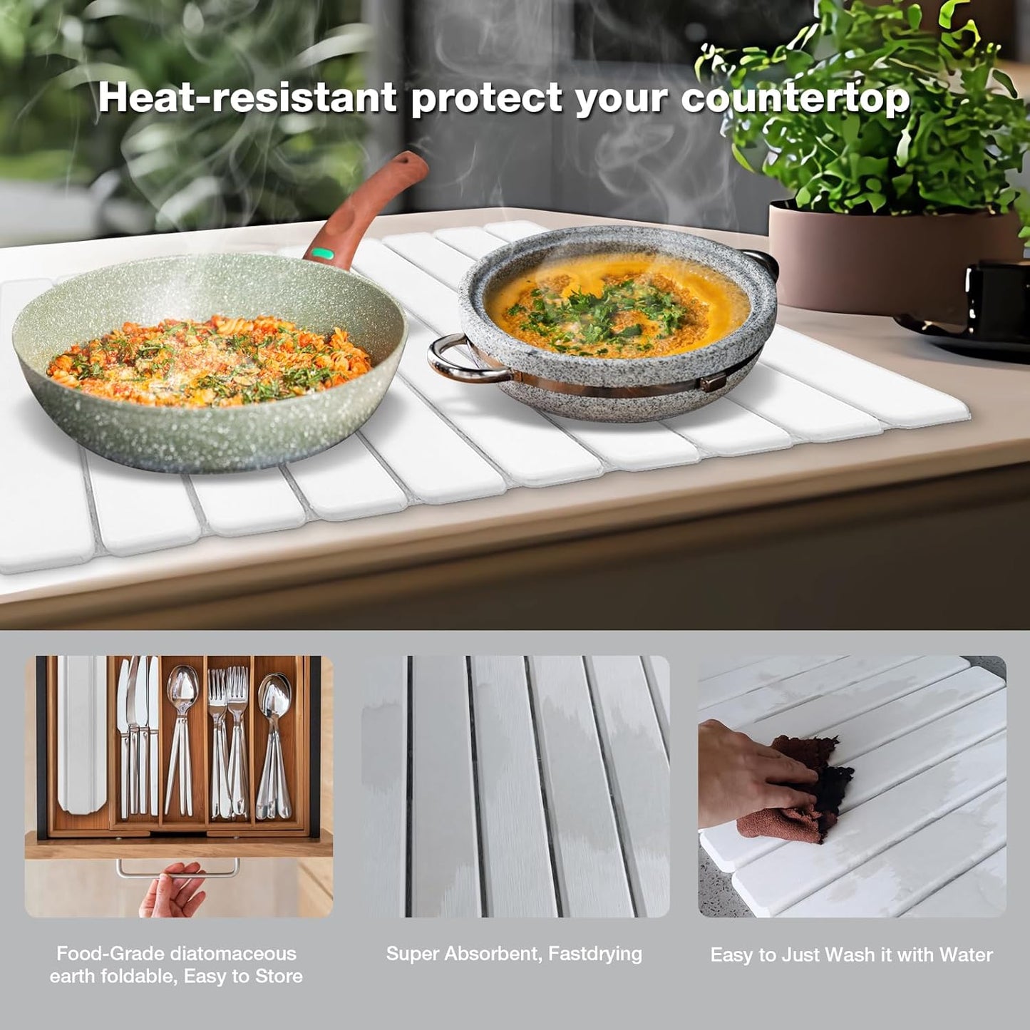 Diatomaceous Earth Stone Dish Drying Mat for Kitchen Counter – 24”x16”, Non-Slip Quick-Dry Surface, Sleek Foldable Design & Collapsible Storage, White