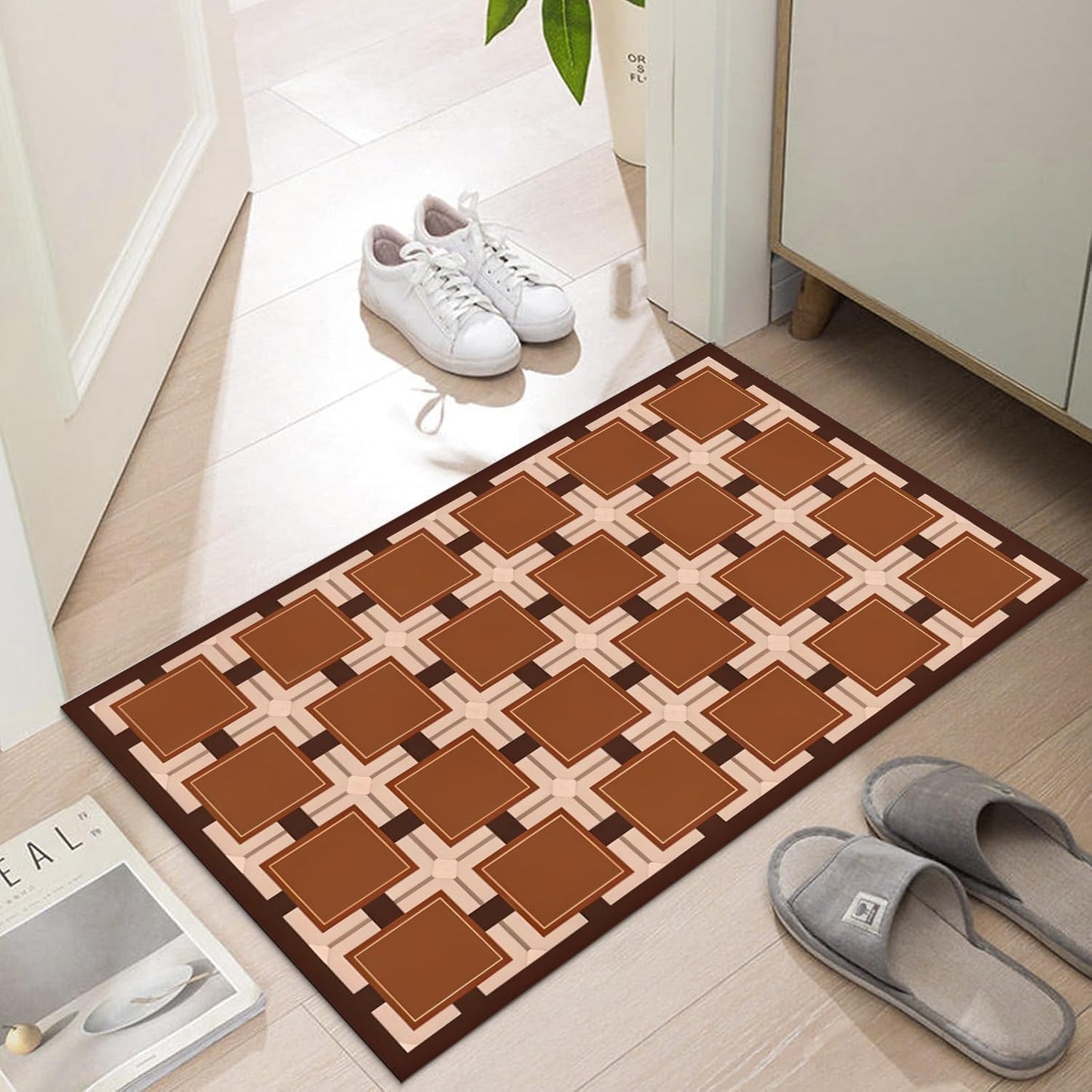 Ultra Thin Door Mat Indoor Entrance, 1/10 in Thin Door Mats for Inside Entry, Non-Slip Rubber Backing Washable Doormat, Fade Resistant, Absorbent, Low Profile Dirt Trapper, 30"X17",Orange Checkered