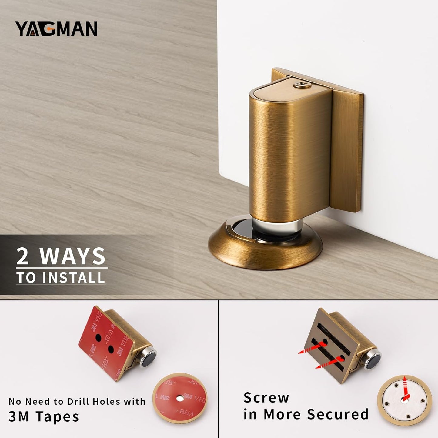 3 Pack Magnetic Door Stoppers Retractable Bottom of Door Holder No Drilling Mount Floor Door Stop with Screws and Adhesive Catch Door Keep Door Open Antique Brass AB-3