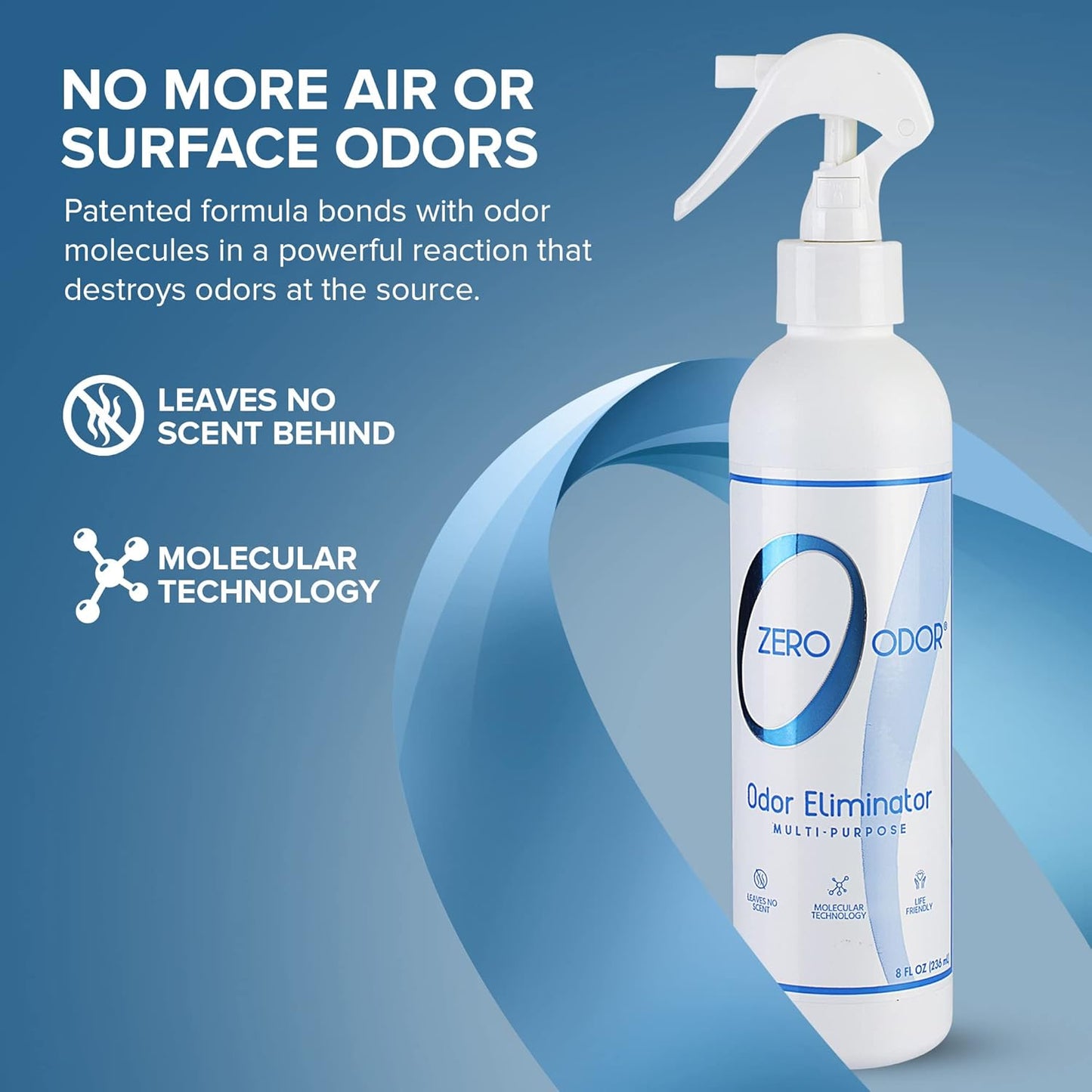 Zero Odor Multi-Purpose Odor Eliminator - Eliminate Air & Surface Odor – Patented Technology Best for Bathroom, Kitchen, Fabric, Closet- Smell Great Again, 8oz (Over 1000 Sprays)