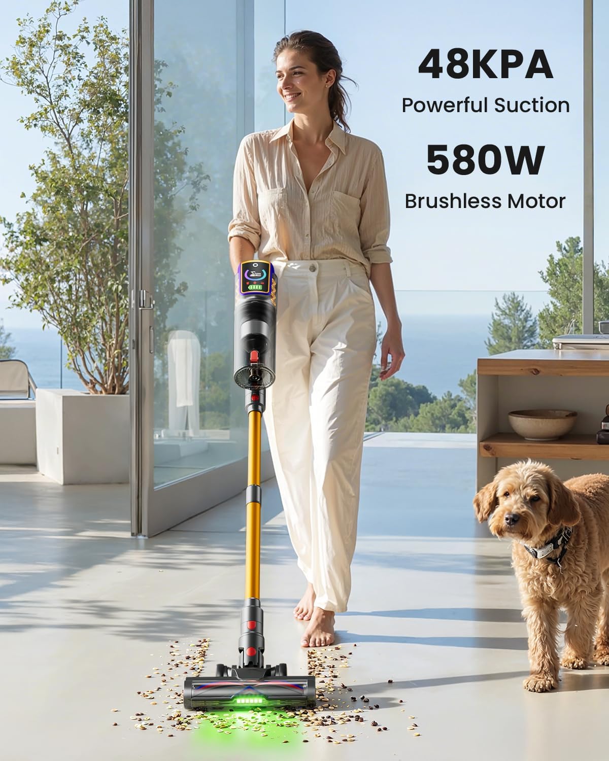 Cordless Vacuum Cleaner,48KPa/580W/65Mins Vacuum,Self-Standing Vacuum Cleaners for Home,Stick Vacuum with LED Display &Anti-tangle Brush,Vacuum Cleaner for Hardwood Floors,Carpet,Pet Hair,Car