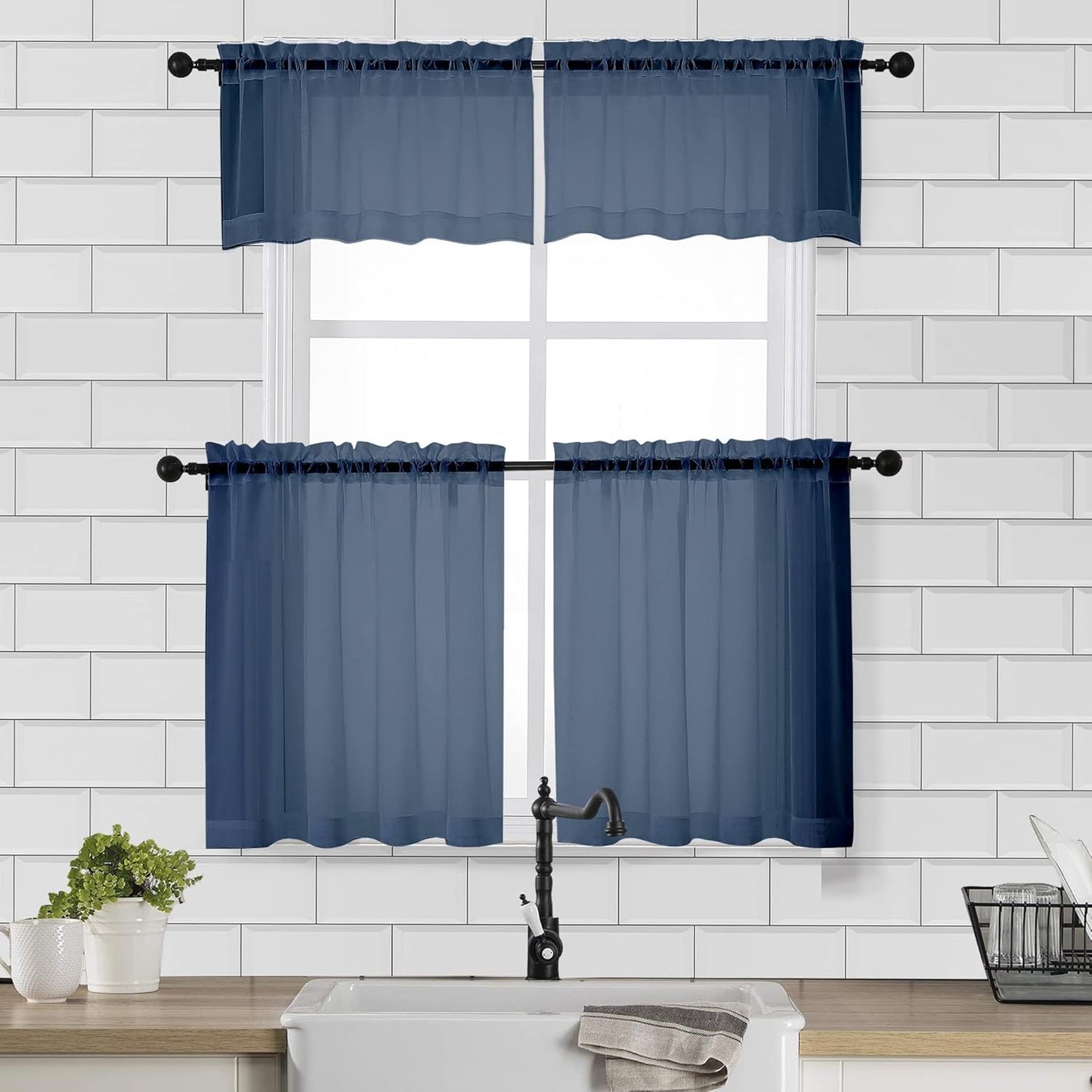 Chyhomenyc Sheer Curtains Tiers 42W x 24L Inches 2 Pieces, Light Filtering Small Curtains, Short Bathroom Living Room Cafe Basement Voile Window Curtain, Rod Pocket, Navy Blue