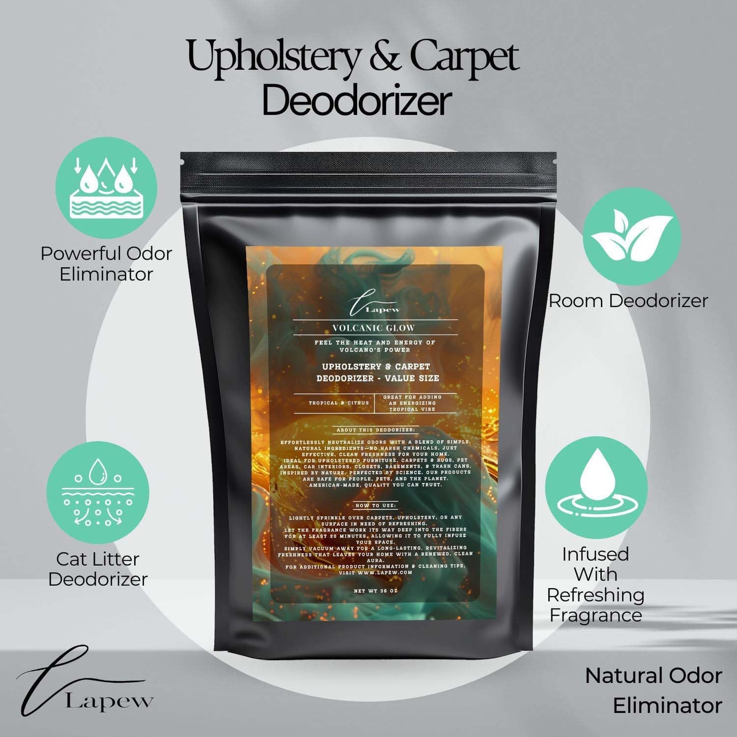 Volcanic Glow Carpet Freshener Powder Refill 36 oz | Powerful Odor Eliminator for Home | Upholstery Deodorizer | Carpet Deodorizer | Pet Urine | Cat Litter Box | Volcano Fragrance