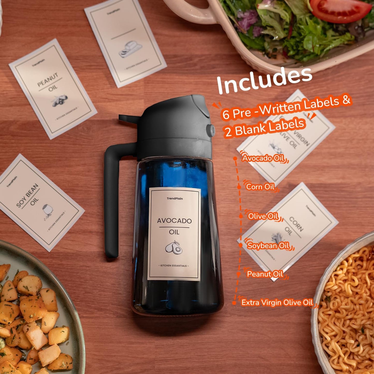 TrendPlain 16oz/470ml Blue Glass Olive Oil Sprayer for Cooking - 2 in 1 Olive Oil Dispenser for Kitchen Gadgets, Air Fryer, Salad, and BBQ - Black & White