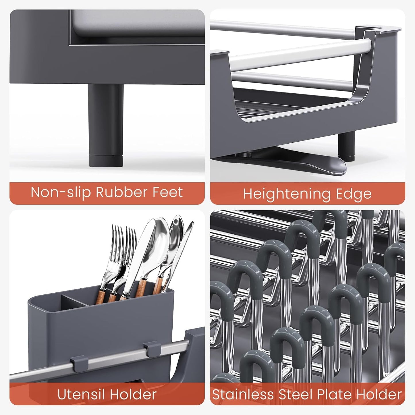 TOOLF Dish Drying Rack for Kitchen Counter, Extendable Dish Rack with Drainboard, Expandable Dish Drainer, Collapsible Dish Strainer with Cutlery Holder, Foldable Home Plate Rack, Alu Gray