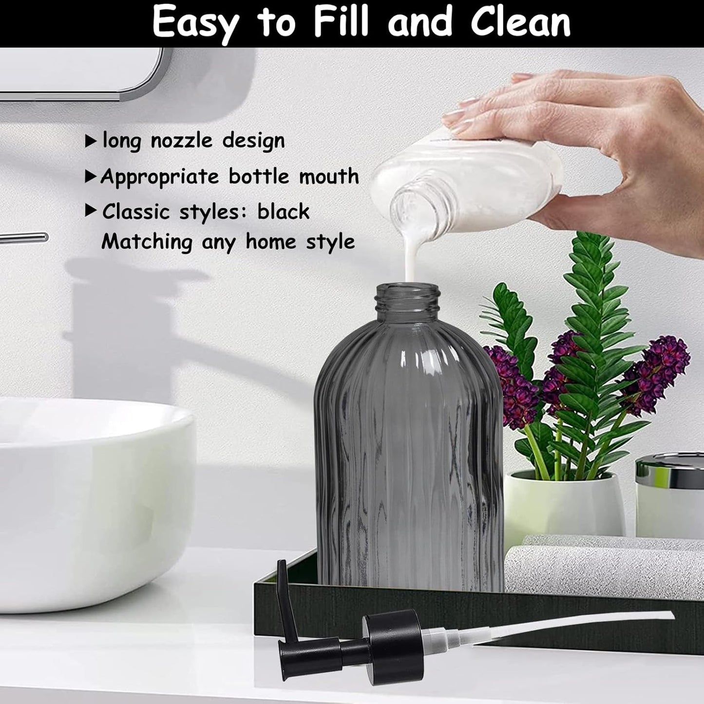 Grey Glass Soap Dispenser with Black Plastic Pump, 13.5oz Refillable Liquid Hand Soap Dispenser, Lotion Dish Soap Dispenser for Modern Home Decor, Bathroom, Kitchen Countertop, Hotel