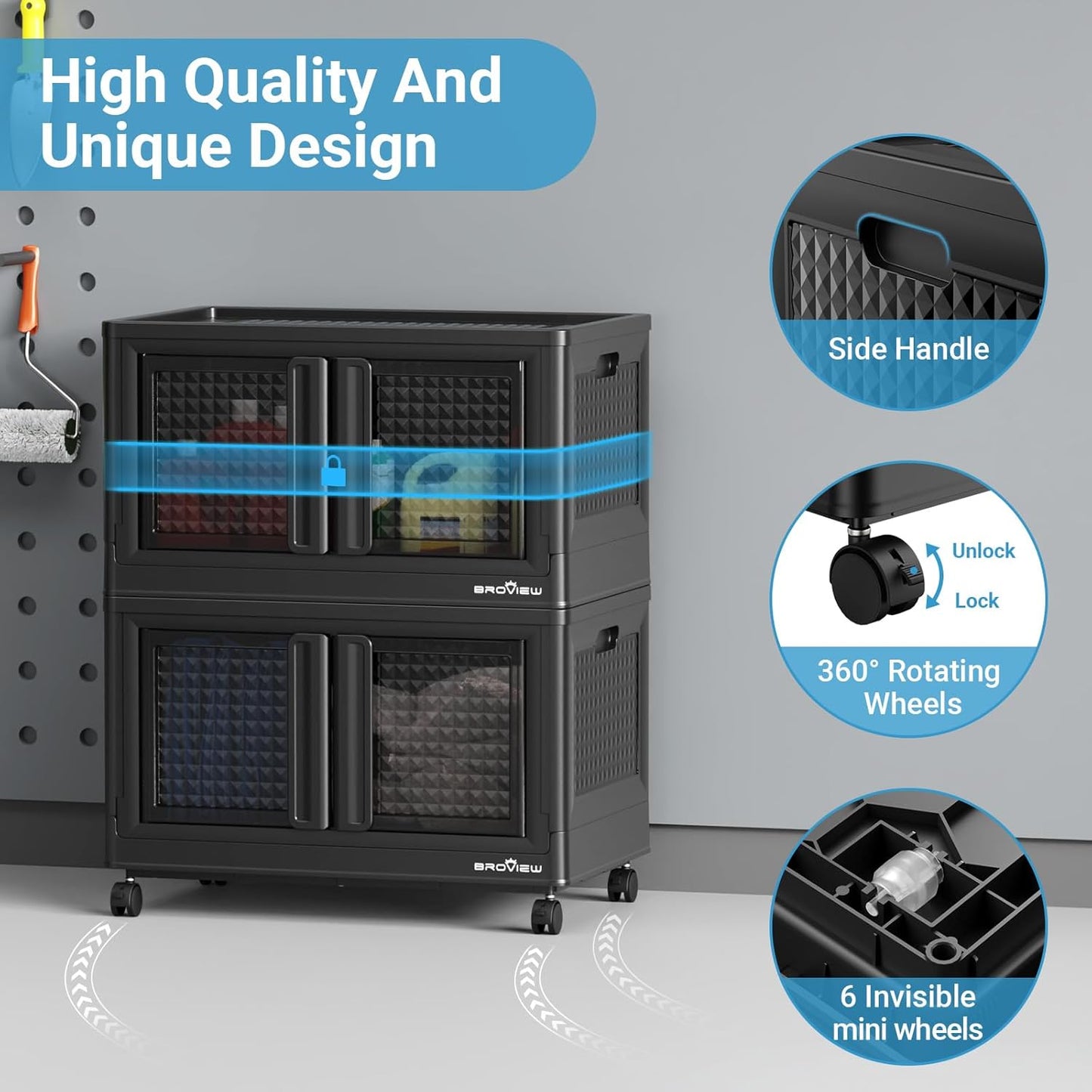 BROVIEW 160Gal Stackable Storage Bins with Lids & Wheels, 640Qt Plastic Collapsible Closet Organizer and Storage Drawers, Storage Boxes Cabinets for Home, Office, 8 Pack, Black