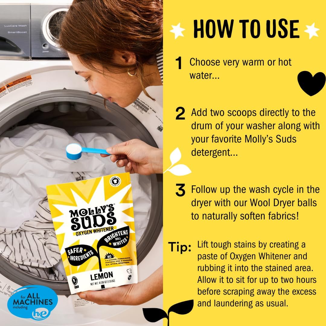 Molly's Suds Oxygen Whitener | Powerful Bleach Alternative, Chlorine Free & Color Safe | Brightens Whites and Removes Stains (Pure Lemon Essential Oil - 79 oz)