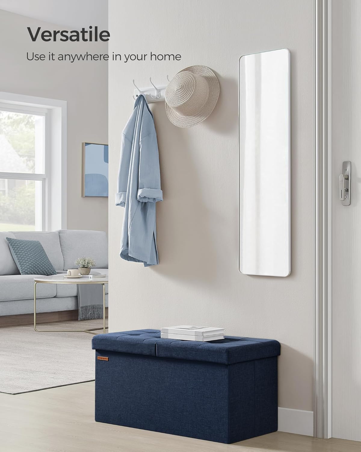 SONGMICS Mazie Collection - 30 Inches Storage Ottoman, Foldable Storage Bench with Flipping Lid, 660 lb Load Capacity, for Entryway, Living Room, Bedroom, Midnight Blue ULSF046Q02