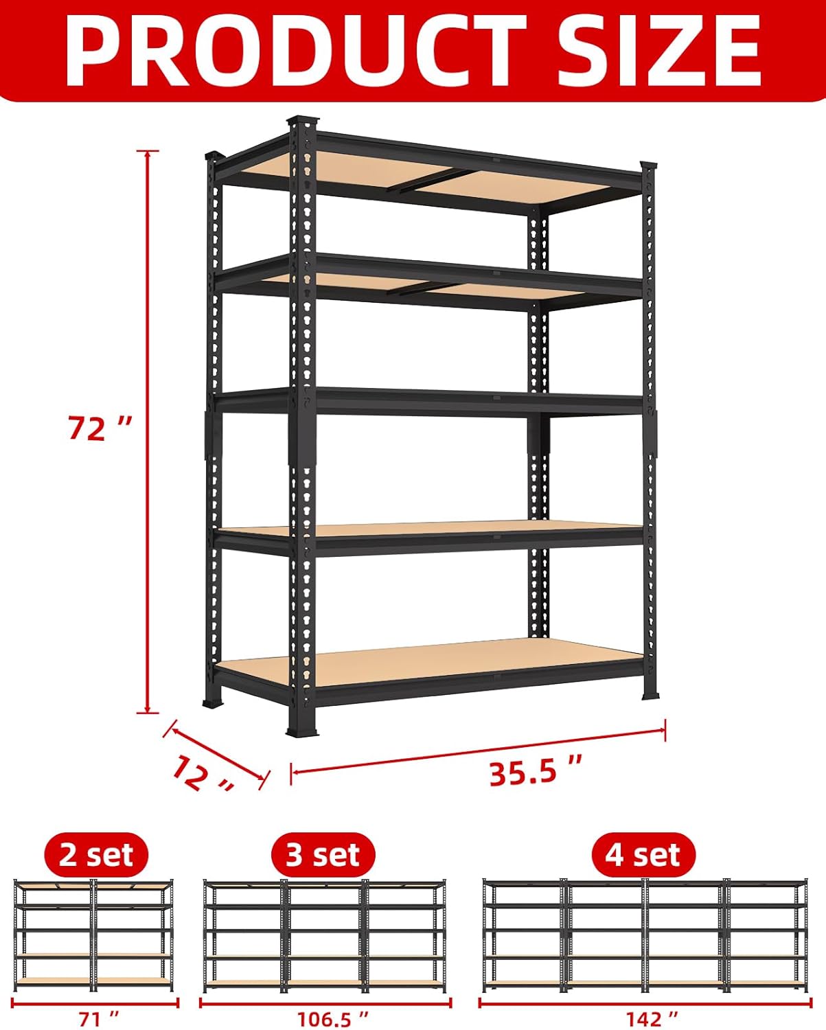 PrimeZone 35.5" x 12" x 72" Heavy Duty Storage Shelves - 5 Tier Adjustable Garage Storage Shelving, Metal Storage Utility Rack Shelf Unit for Warehouse Pantry Closet Kitchen, Black