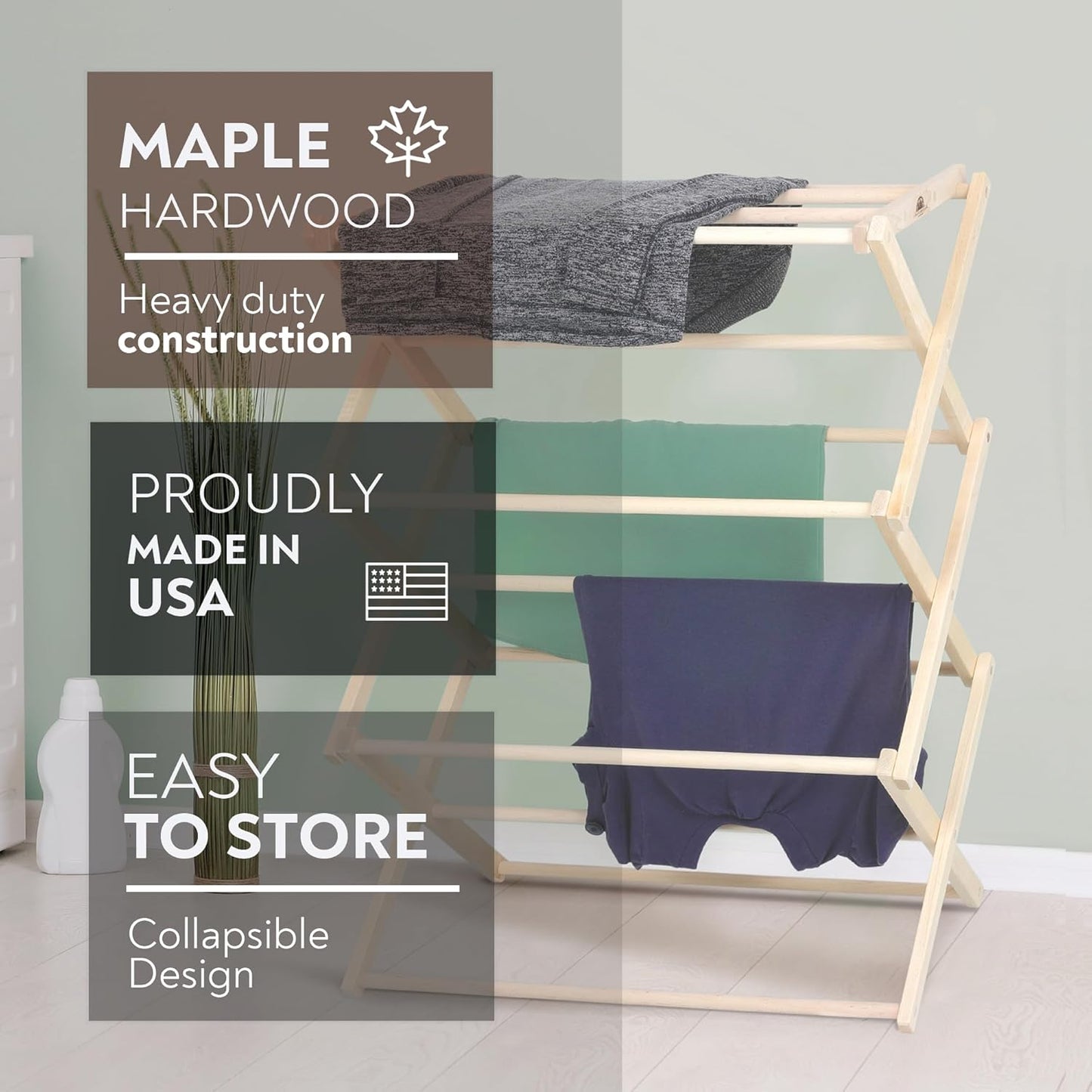 Pennsylvania Woodworks Premium American Maple Clothes Drying Rack - Handcrafted in Pennsylvania - Solid Wood Construction, Collapsible, Eco-Friendly Laundry Solution (Medium)
