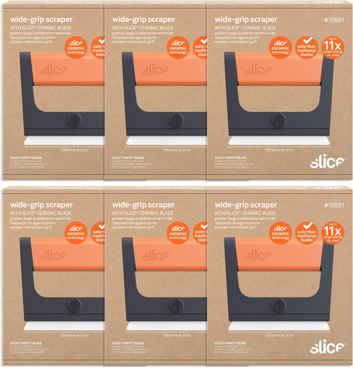 Slice 10501 Wide Scraper, Easy Clean, Ceramic Blade Lasts 11x as Long as Metal, Finger Friendly, Never Rusts, Safety Cap, Short Handle, 6 Pack