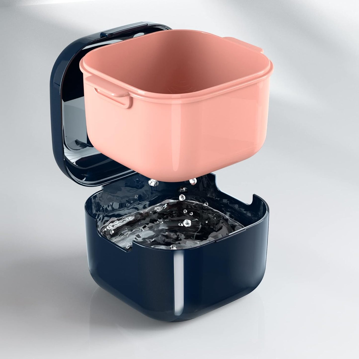 Denture Cup，Retainer Case,Cute Night Mouth Guard Box Holder, Storage Soak Container with Strainer basket for Travel Cleaning (Blue)