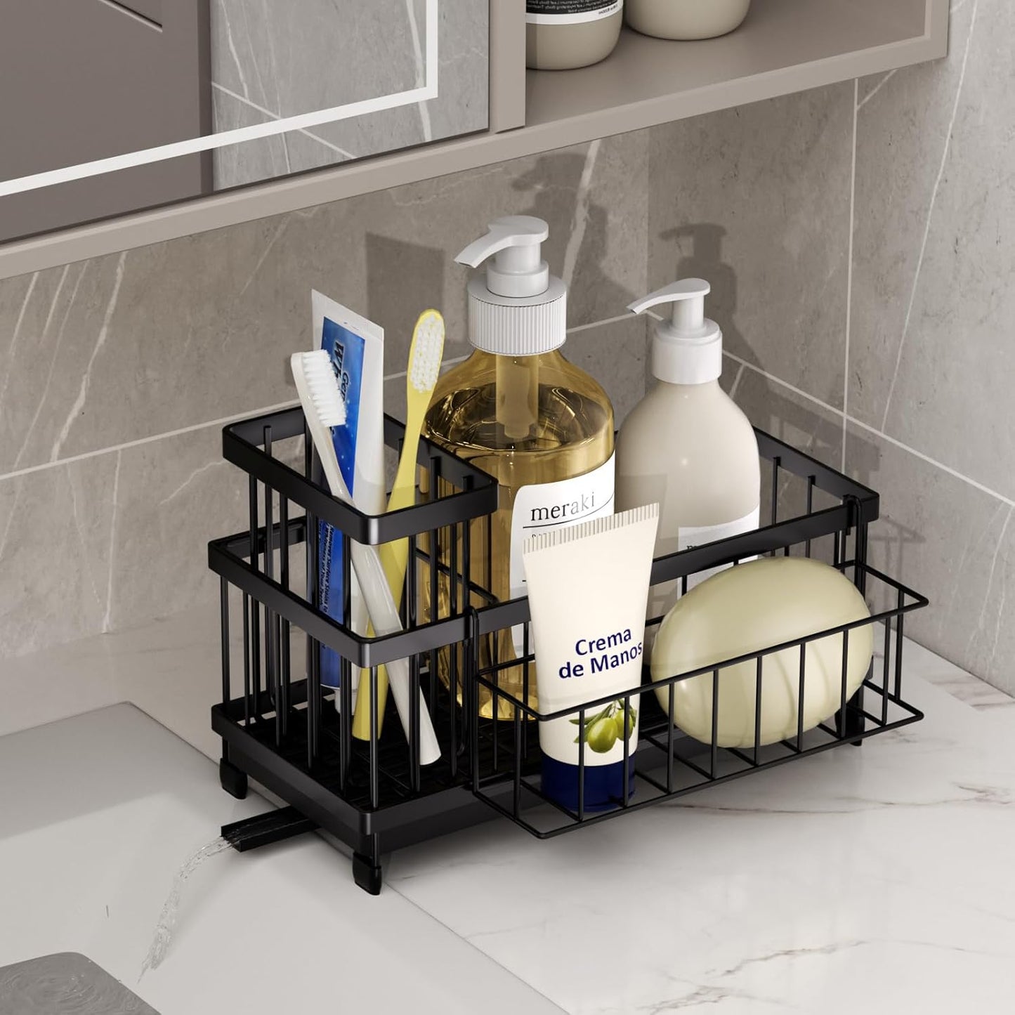 SWTYMIKI Sink Caddy Sponge Holder - Large Sponge Holder for Kitchen Sink with 360°Auto-Drain Tray, Rustproof Stainless Steel Kitchen Organizer Caddy for Countertop Organization