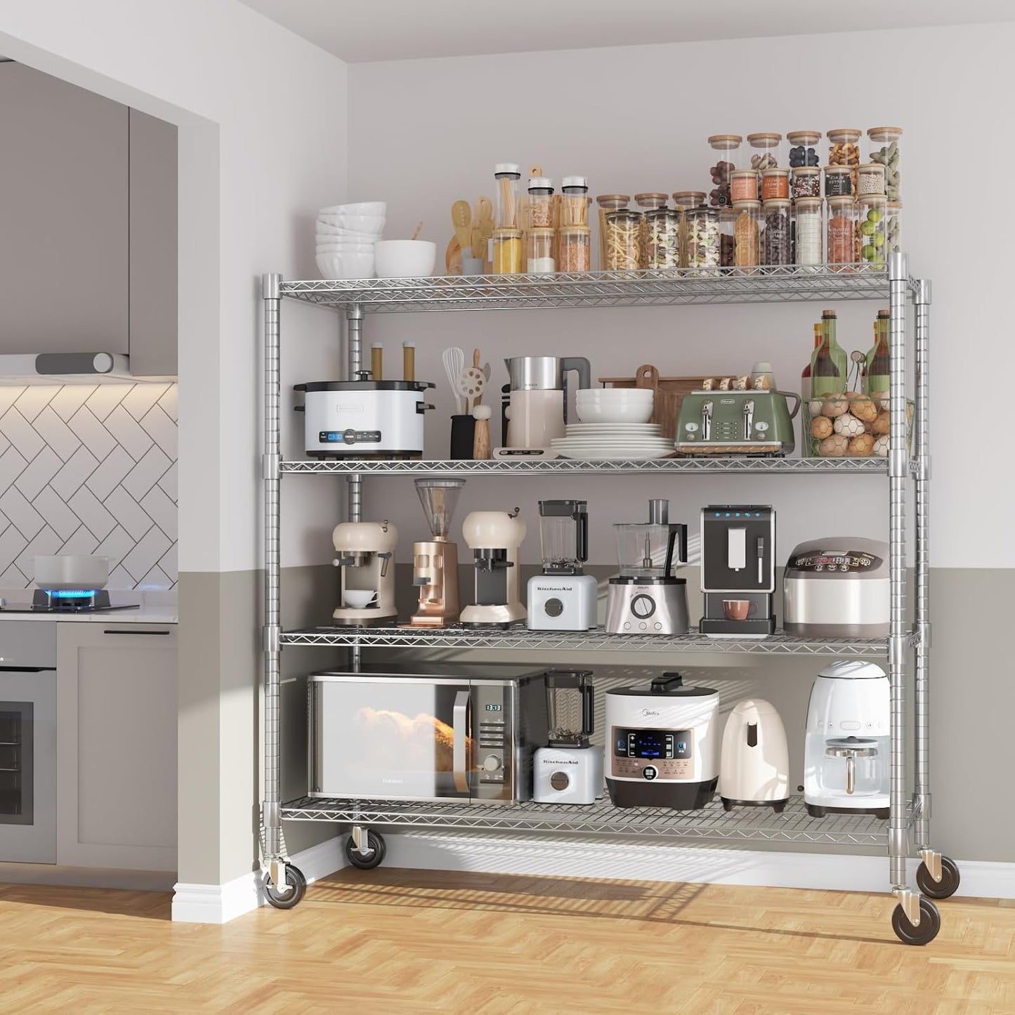 Himimi 72" H Storage Shelves 4 Tier Metal Shelving Adjustable Wire Shelf with Wheels, Heavy Duty Shelving for Garage Kitchen Pantry Bathroom Laundry,18" D*48" W*72" H, Silver