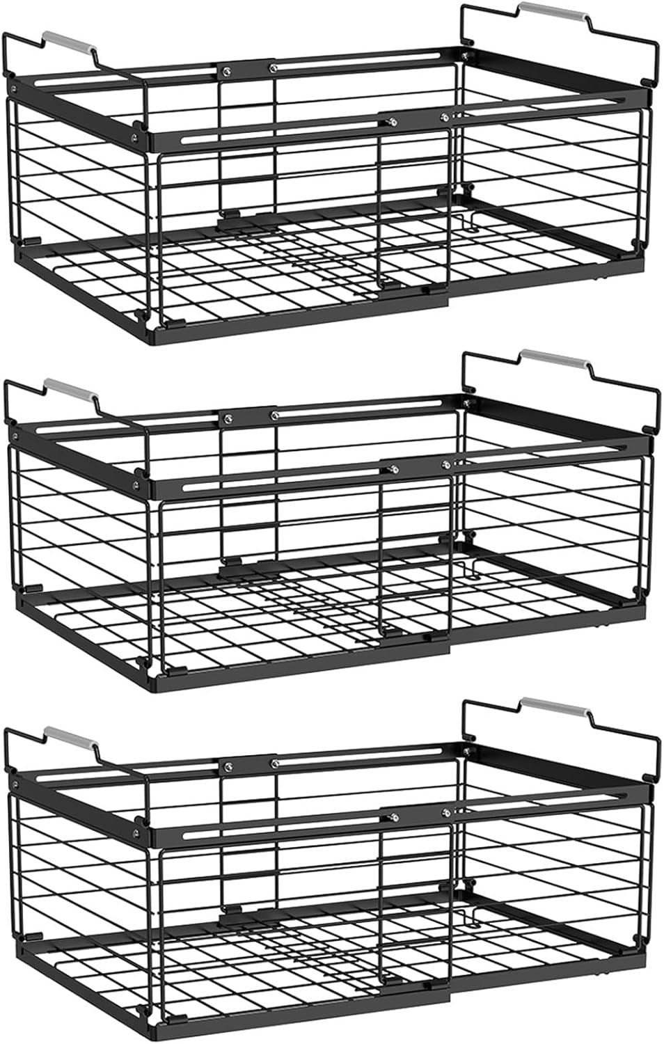 NADAMOO Freezer Organizer Bins, 3 Packs Large Expandable Stackable Chest Freezer Containers with Handle, Metal Adjustable Storage Baskets for Fridge, Deep Freezer, Cabinet, Kitchen, Pantry - Black
