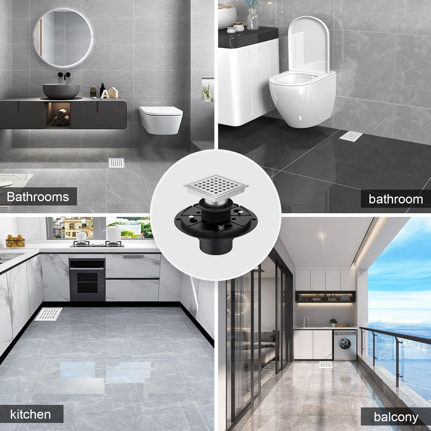 4-3/8 Inch Square Shower Drain Chrome, Bathroom Floor Drain, Stainless Steel Drain Kit with ABS Flange, Removable Grid Cover, Hair Strainer