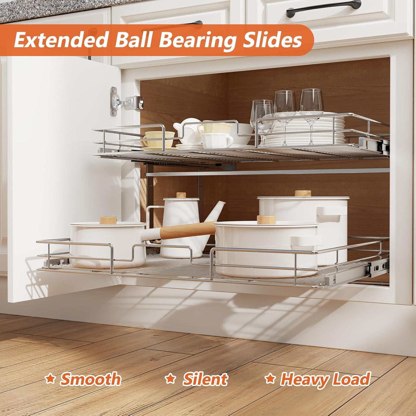 ROOMTEC Individual Pull Out Cabinet Organizer (25½"W x 21½"D), 2 Tier Spice Rack Organizer for Cabinet, Slide Out Drawer Pantry Shelf Organization and Storage for Kitchen Bathroom