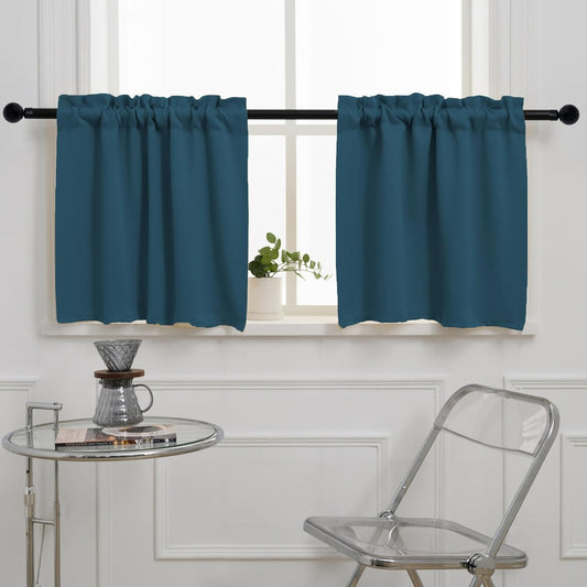 Pickluc Cafe Curtain (Half Window Curtain) 30 Inches Length, Rod Pocket Kitchen Curtain, Short Blackout Curtain for Small Window, 30" Wide and 30" Long, 2 Panels, Bluestone