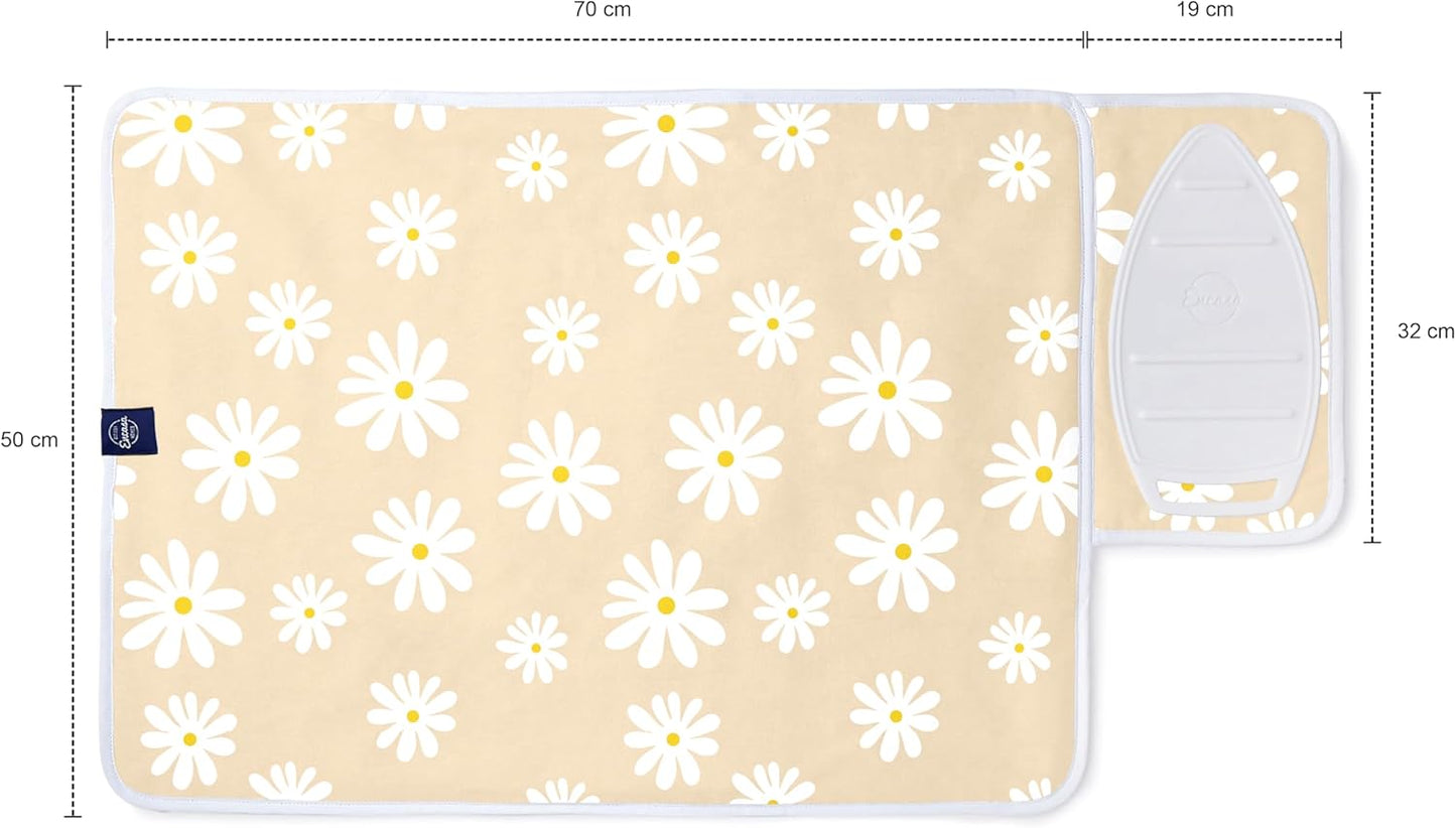 Encasa XO Ironing Mat/Pad (Small 28"x20") with 3mm Padding & Silicone Iron Rest for Steam Pressing on Tabletop or Bed - Heat Resistant, Portable, Quilting & Travel Blanket - Daisy Beige