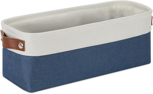 DULLEMELO Narrow Storage Basket,Toilet Paper Basket with Leather Handles for Back of Toilet, Vanities, Shelves & Cabinets (White&Blue-1 Pack)