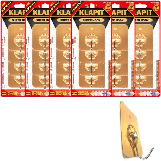 KLAPiT Super Hook - Heavy-Duty Adhesive Gold Wall Hooks, Holds Up to 11 lbs, Waterproof, No Damage, Easy Install on Tile, Wood, Stone, Glass & Metal - Made of Steel (Gold, 24pc)
