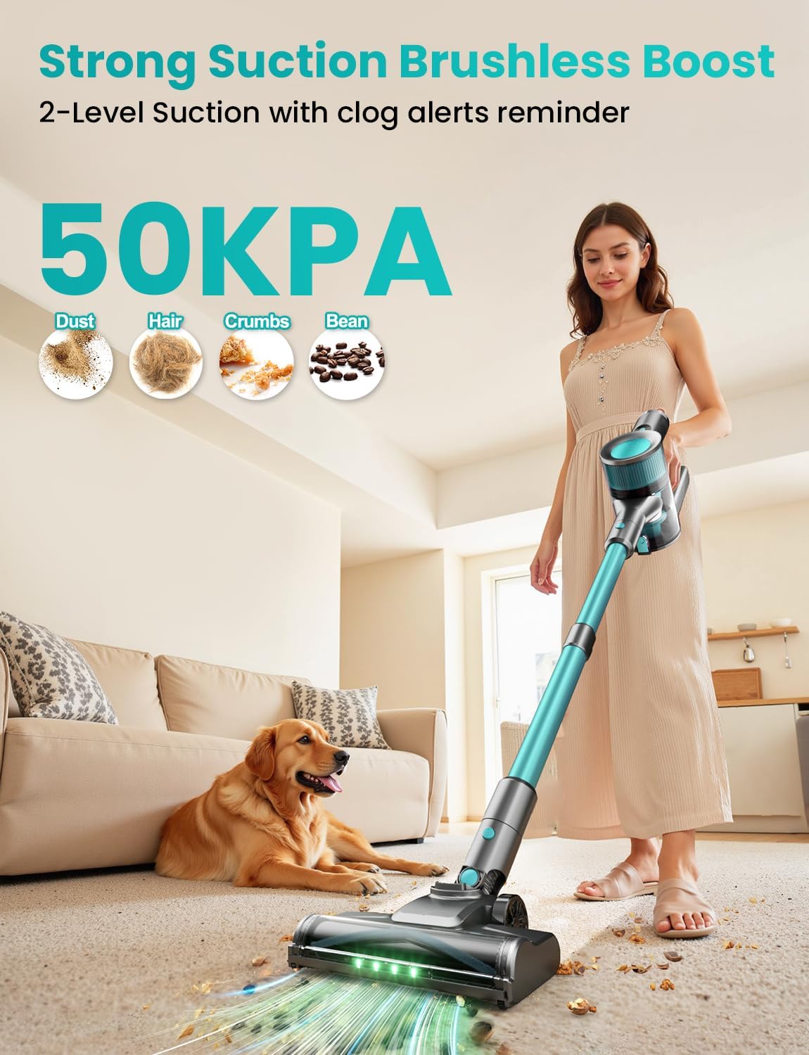 Dzaki Cordless Vacuum Cleaner, Stick Vacuum with Smart LED Display, 50KPA 55Mins Vacuum Cleaners for Home, Powerful Suction, Anti-Tangled Lightweight Rechargeable Vac for Pet Hair, Carpet, Hard Floor