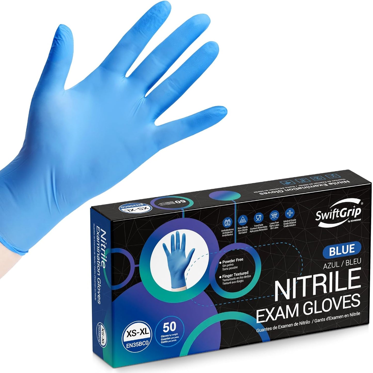 Disposable Nitrile Exam Gloves, Blue, Nitrile Gloves Disposable Latex Free, Medical Gloves, Cleaning Gloves, Food-Safe Rubber Gloves, Powder Free, Non-Sterile, 50-ct Box (XL)
