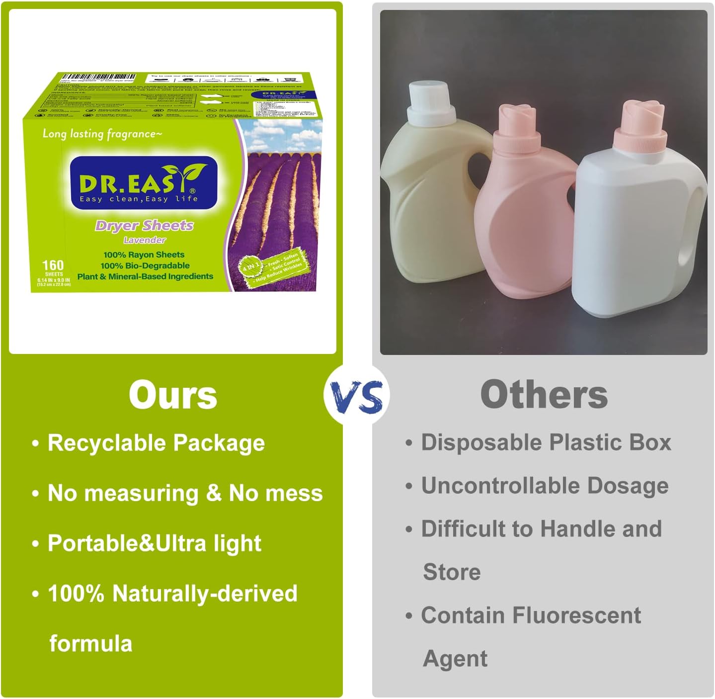 Dr.Easy Dryer Sheets Lavender Plant Based all ingredients for Sensitive Skin 160 Ct 100% Rayon Fabric Softener sheet for laundry No Dyes Reduce Static & Wrinkles Soften Clothes Help Repel Pet Hair