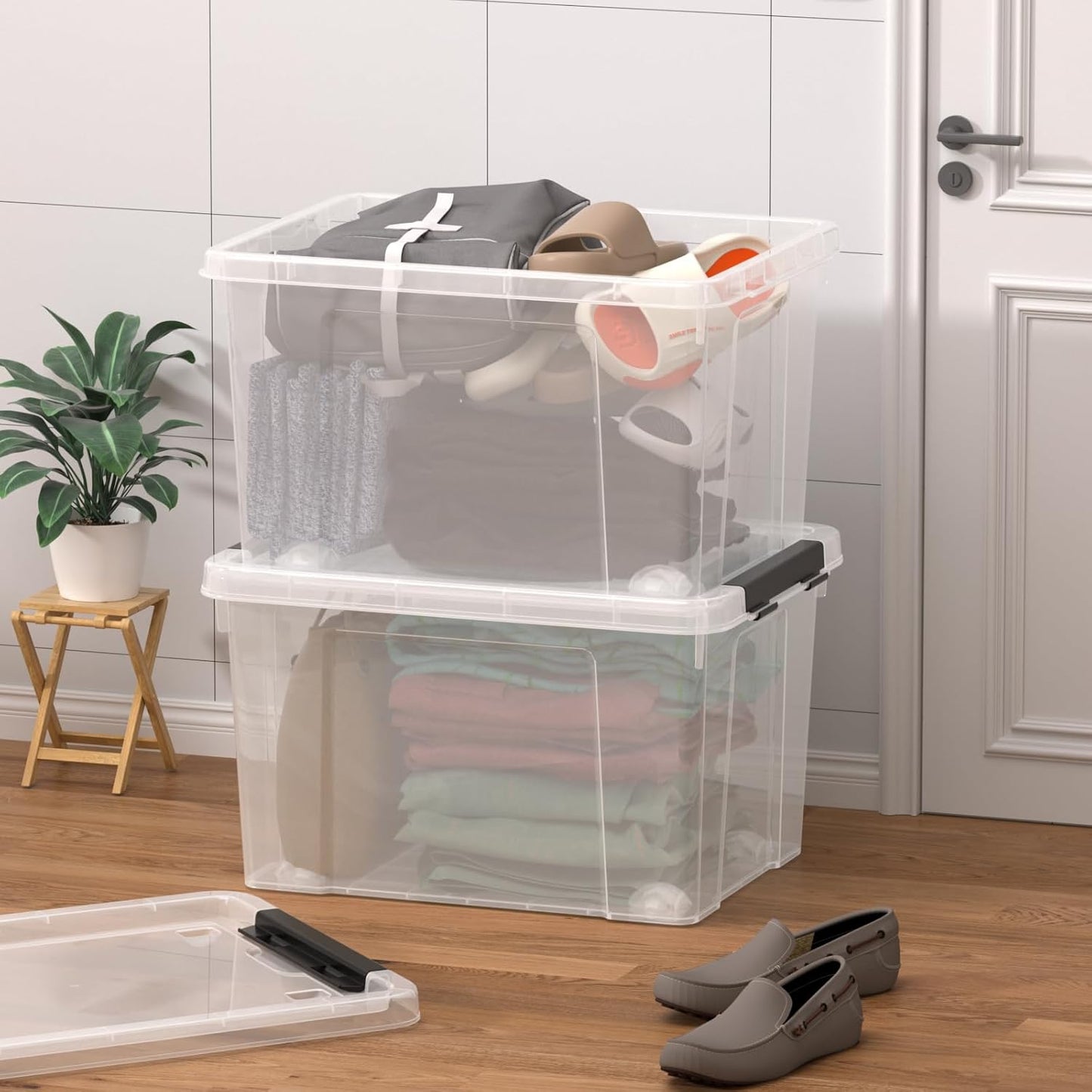 Zopnny 52 Quart Stackable Plastic Storage Bins with Latching Lids, Large Rolling Storage Containers, Pack of 4