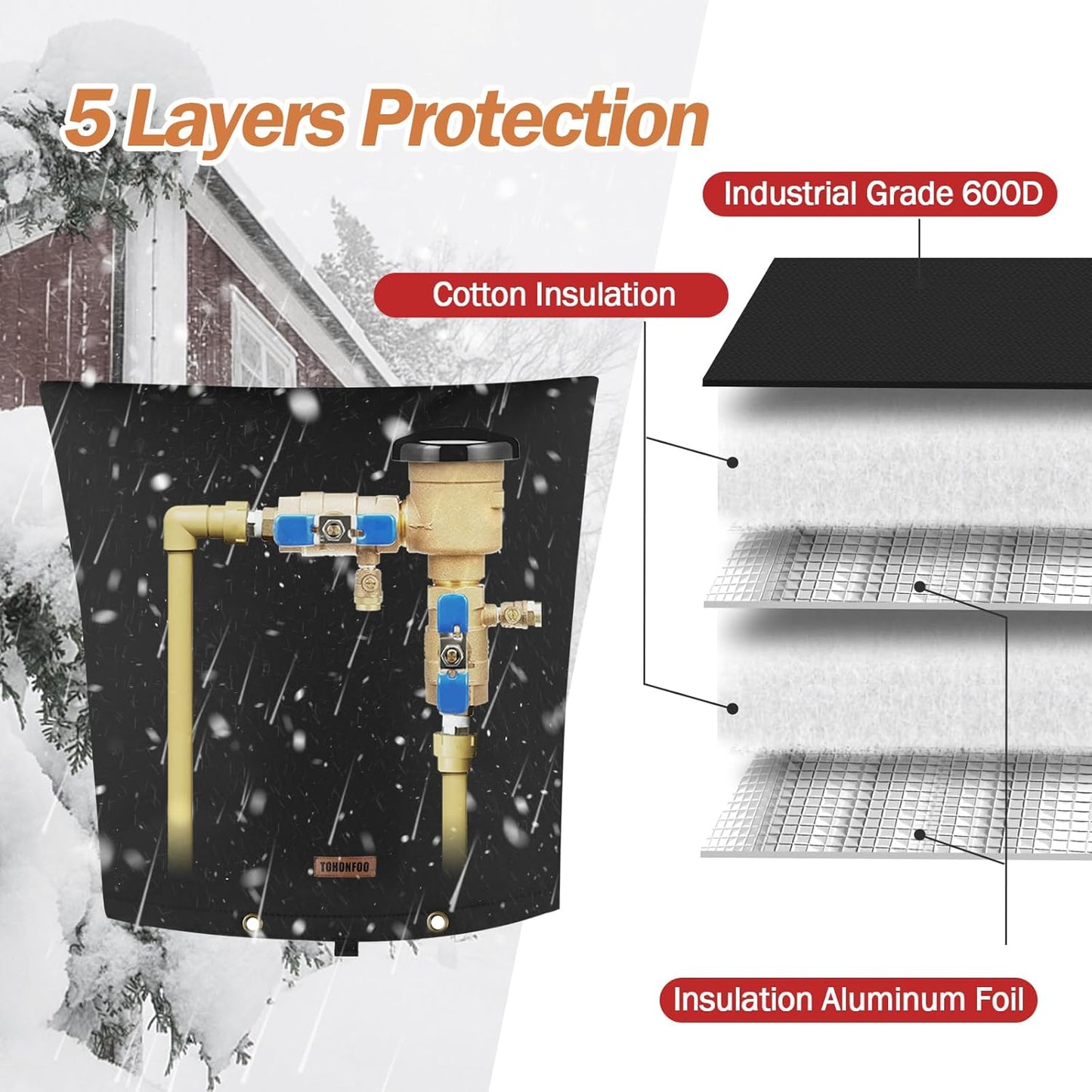 TOHONFOO Backflow Preventer Pipe Insulation Cover (5°F) - Irrigation Sprinkler Valve Insulated Pouch - Water Well Pump Cover - Sturdy 5 Layers for Winter Freeze Protection, 24" W x 26" H, Black