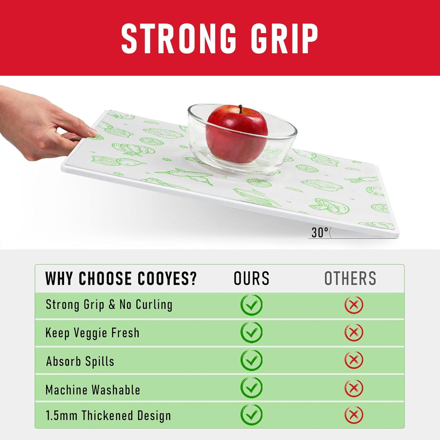 Cooyes Refrigerator Drawe Liners Super Absorbent Fridge Bin Mats Keep Produce Fresh Longer Air Circulating Non-Slip Washable Non-Adhesive (12 Pack 12" x 24" Green Veggie)