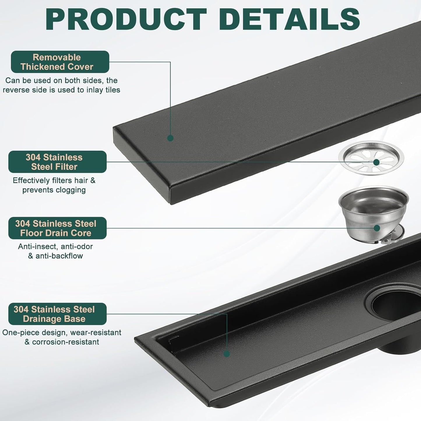 uxcell Rectangular Shower Drain, Brushed 304 Stainless Steel Odor-Proof Floor Drain Linear Shower Drain Hair Catcher for Bathroom Kitchen and Laundry Room(16 Inch, Black)