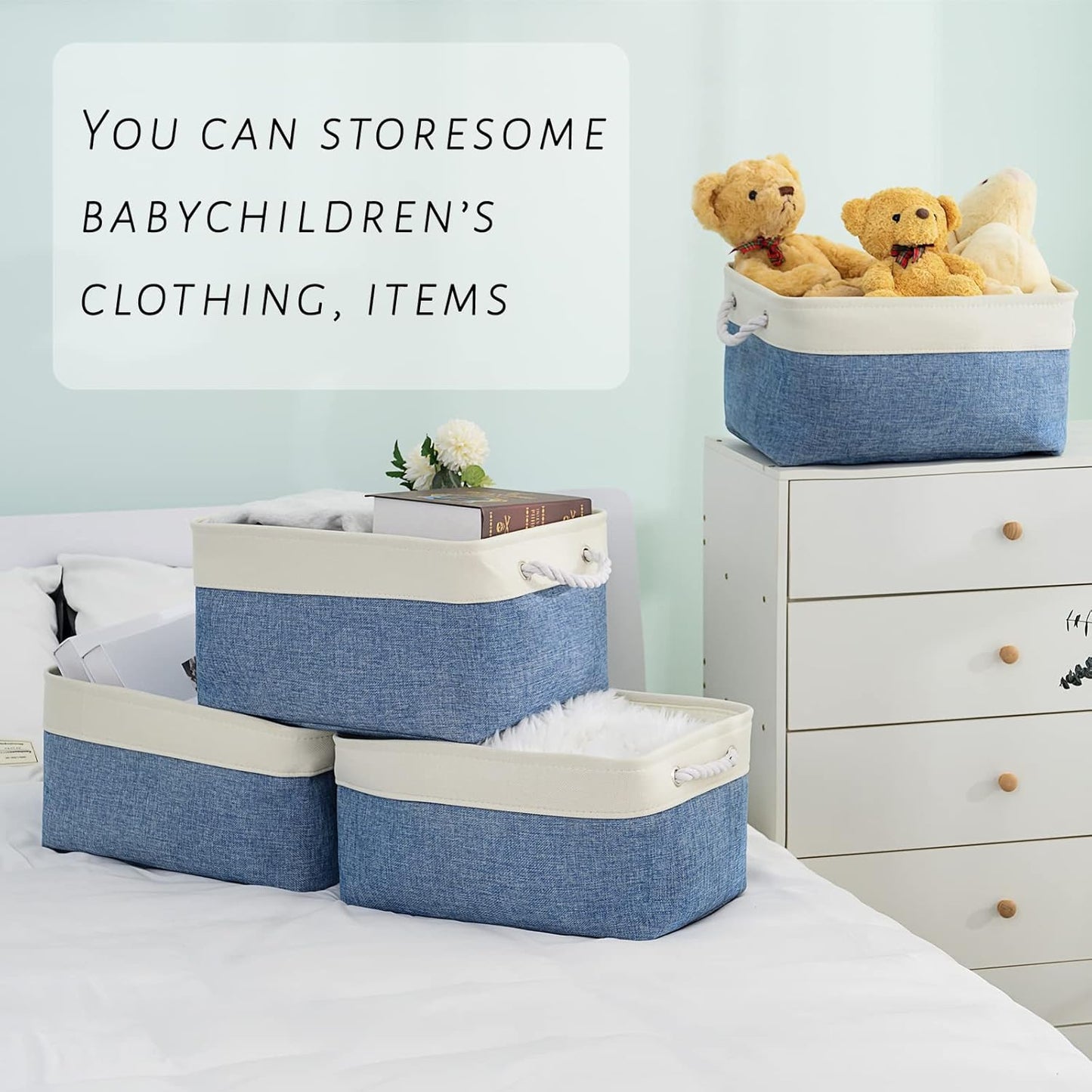 TcaFmac Storage Basket for Organizing - Large 4 Pack Fabric Storage Bins Baskets for Shelves with Ropes, Foldable Storage Cubes for Closet Cloth Toy (White & Blue16x12x8 inch)