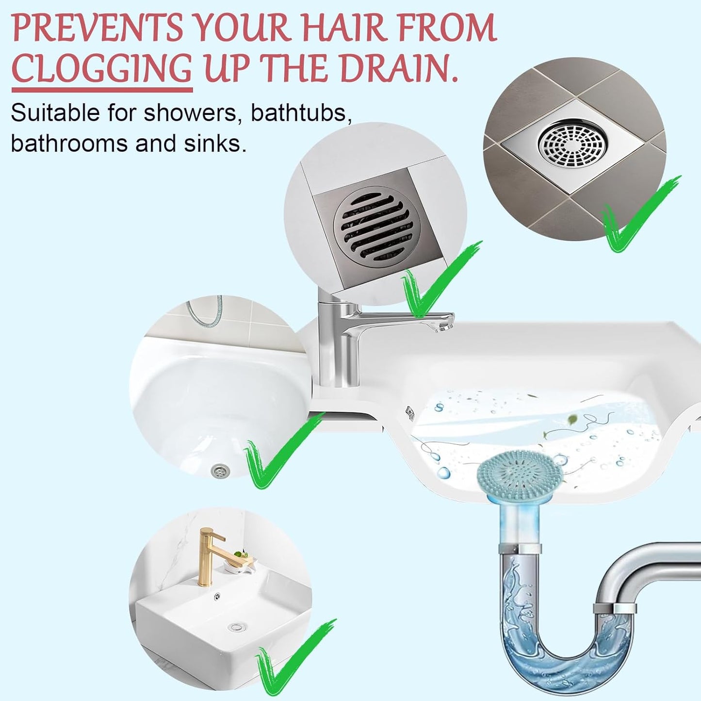 Bathroom Sink Drain Strainers, Hair Catcher Shower Drain Covers Protector - Flexible TPR Material, Multi-Color for Tub Shower Sink, 6 Pack