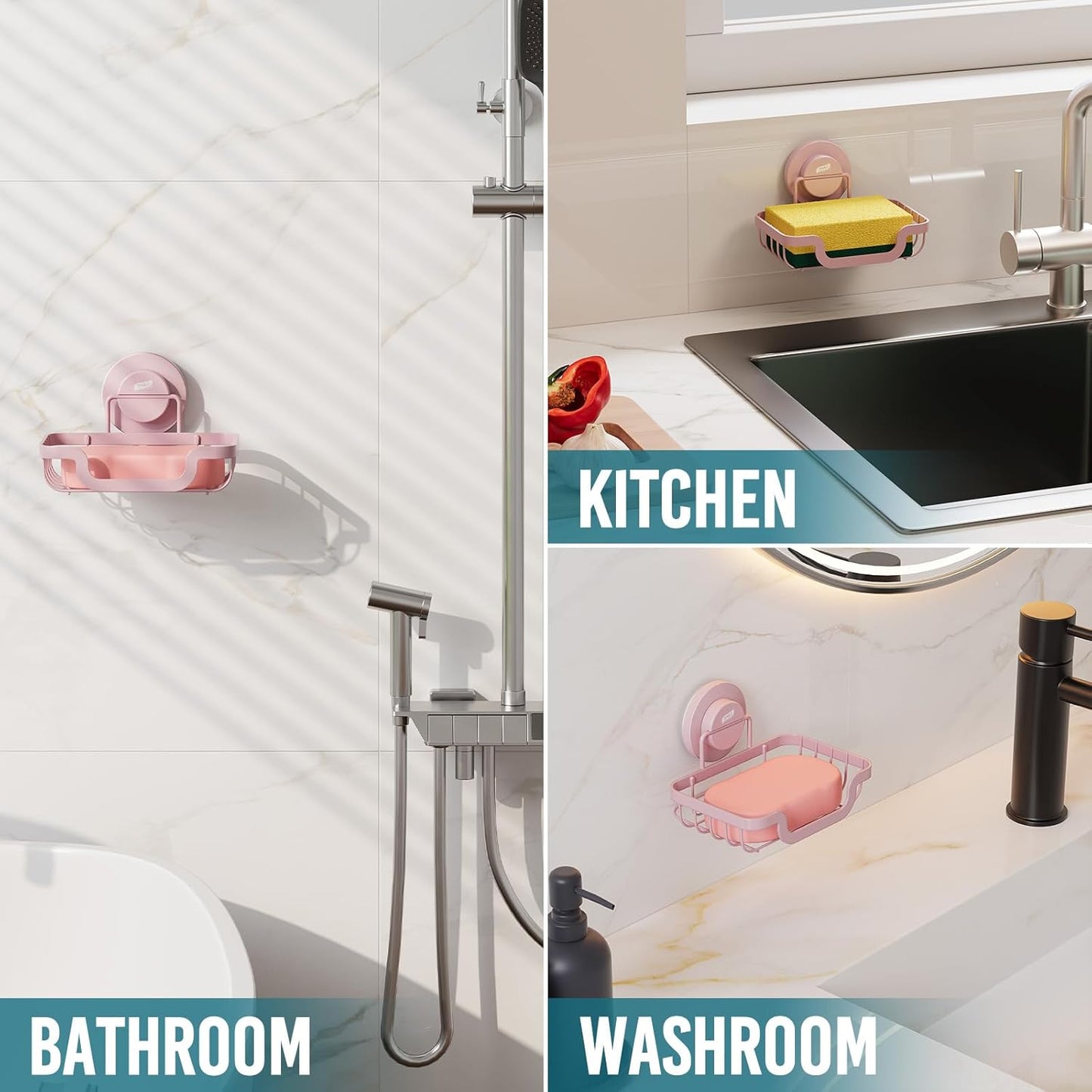 TAILI Soap Holder Bar Dish Suction Cup, Bar Shampoo Rack for Shower Wall, Draining Soap Saver Tray for Bathroom, Rustproof Stainless Steel Sponge Holder for Tub, Kitchen, Drill-Free, Pink