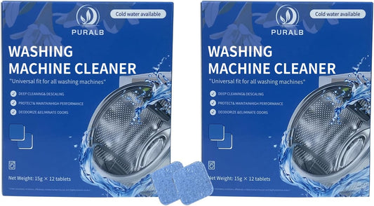 Washing Machine Cleaner Tablets - 24 Tabs (2x12 Pack), 1 Year Supply Deep Cleaning for HE Front Load & Top Load Washers, Septic Safe Eco-Friendly Deodorizer for Drum and Tub Seal