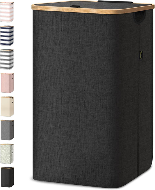 BALEINE Laundry Hamper with Lid, Tall Laundry Baskets with Bamboo Pull Handles, Large Laundry Bin with Internal Support (26 Gal/100L, Black)