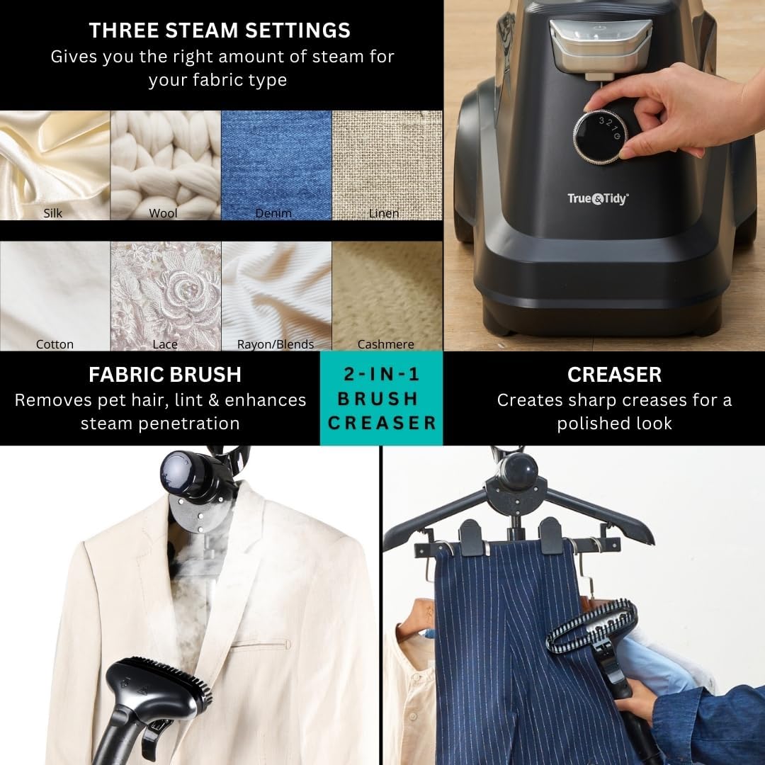 True & Tidy® Heavy-Duty Industrial Standing Garment Steamer for Clothes, 1800 watts, Extra Large 3L water tank 90+ mins of Steam Time (Matte Black, Smart Auto-Off Commercial Garment Steamer)