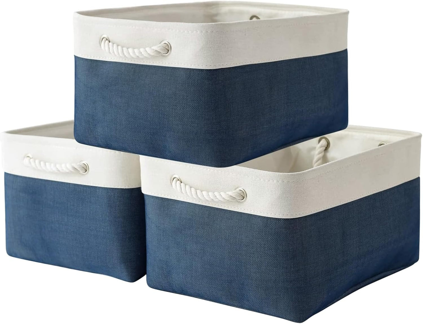 Organization and Storage Basket for Shelves - 16x12x8 inch Large 3 Pack Canvas Storage Bin Collapsible Baskets for Organizing, Fabric Storage Cubes for Cloth Laundry (White&Deep Blue)