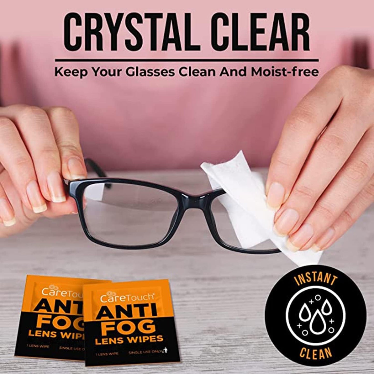 Care Touch Anti-Fog Wipes for Glasses - 100 Individually Wrapped Lenses Wipes