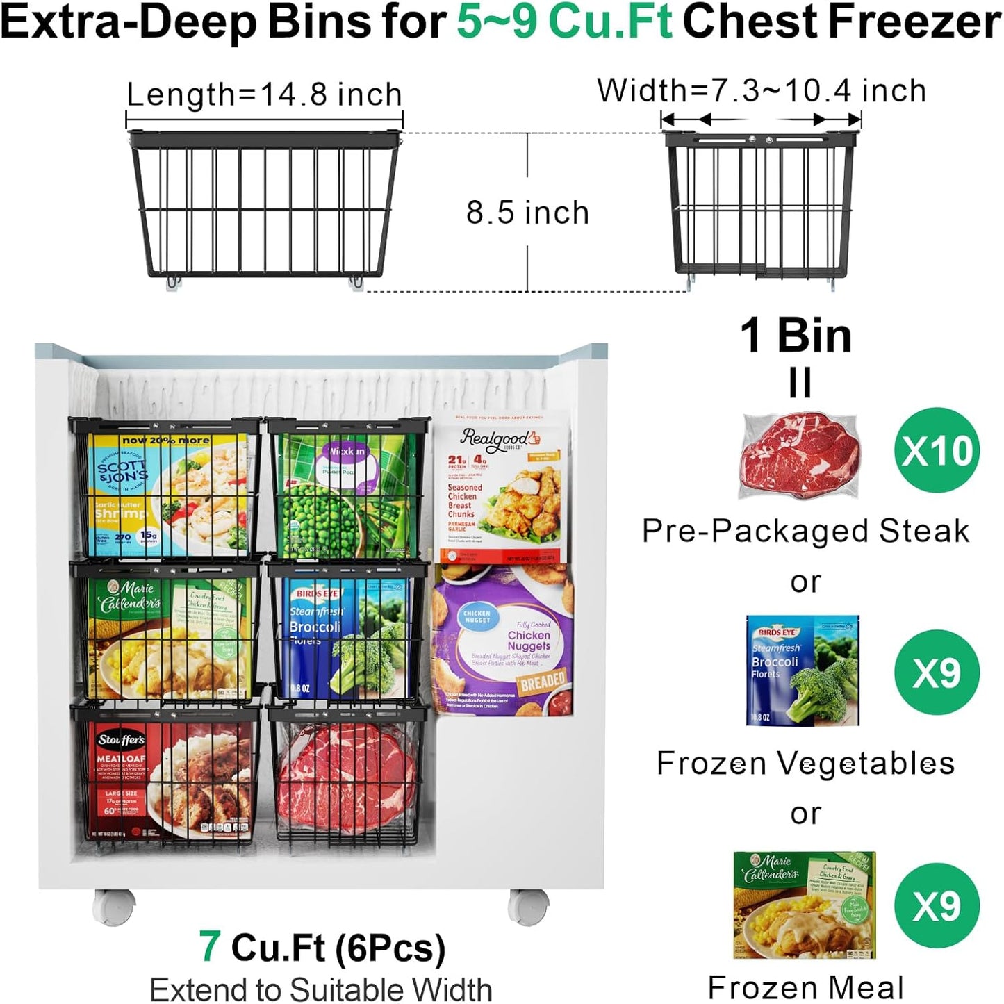 iSPECLE Freezer Organizer Bins - 6 Pack Adjustable & Extra Large Chest Freezer Organizer Bins for 5 to 9 Cu.Ft Deep Freezer, Easy Organize Basket Store More, Stackable No Wasted Space, Black