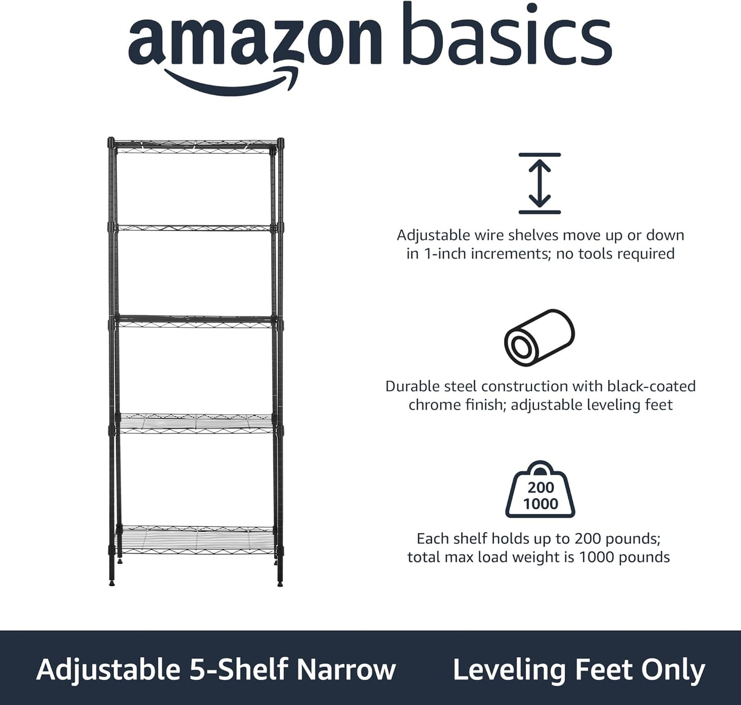 Amazon Basics 5-Shelf Multipurpose Adjustable Sturdy Steel Storage Shelving Unit, Easy Assembly, 13.4" D x 23.2"W x 60"H, Black