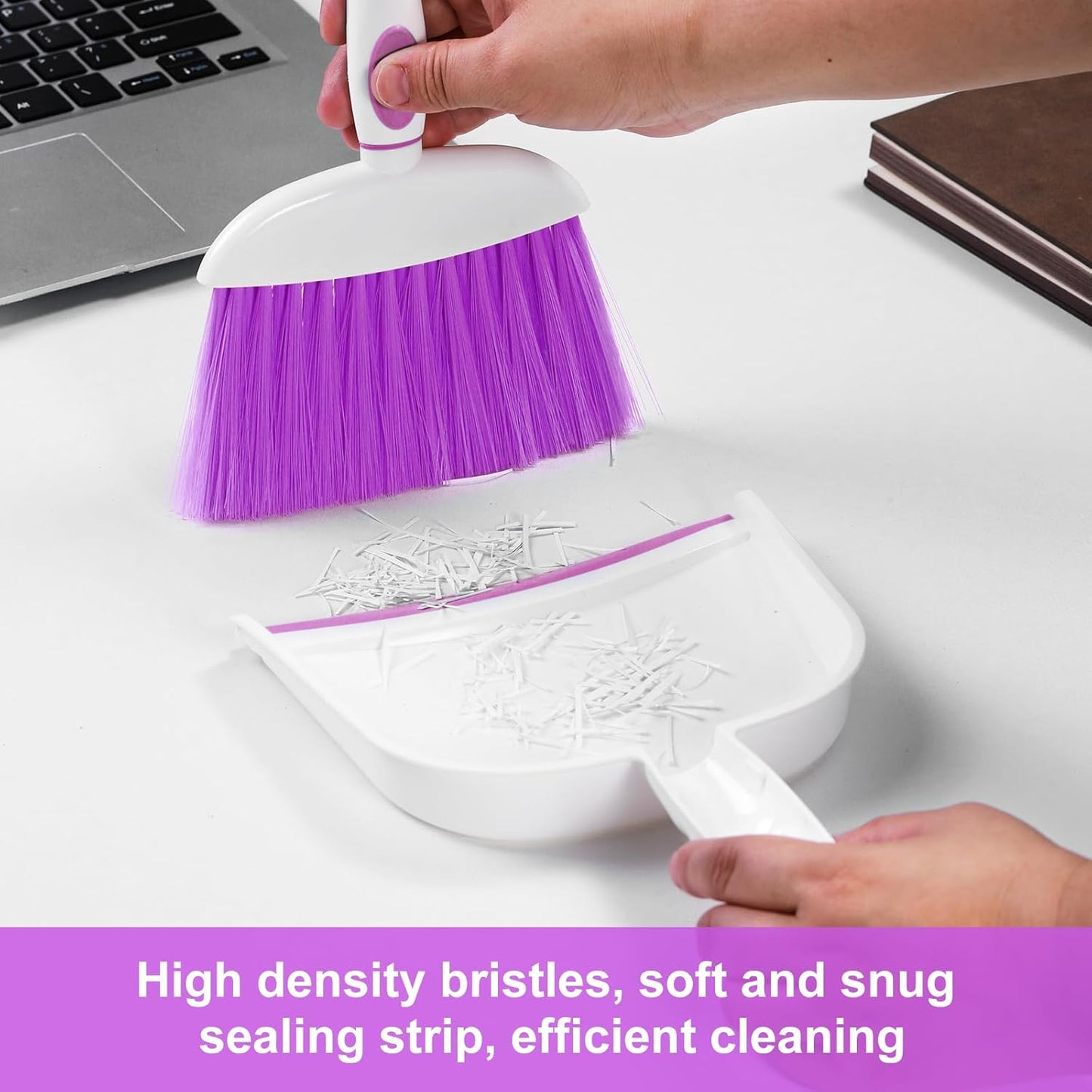 NACENA Small Dust Pan and Brush Set, Mini Broom and Dustpan Set Small Hand Broom and Brush Combo Dust Pan with Teeth for Home Cleaning Drawers Desktop Sofas Pet Care and Outdoor, Purple