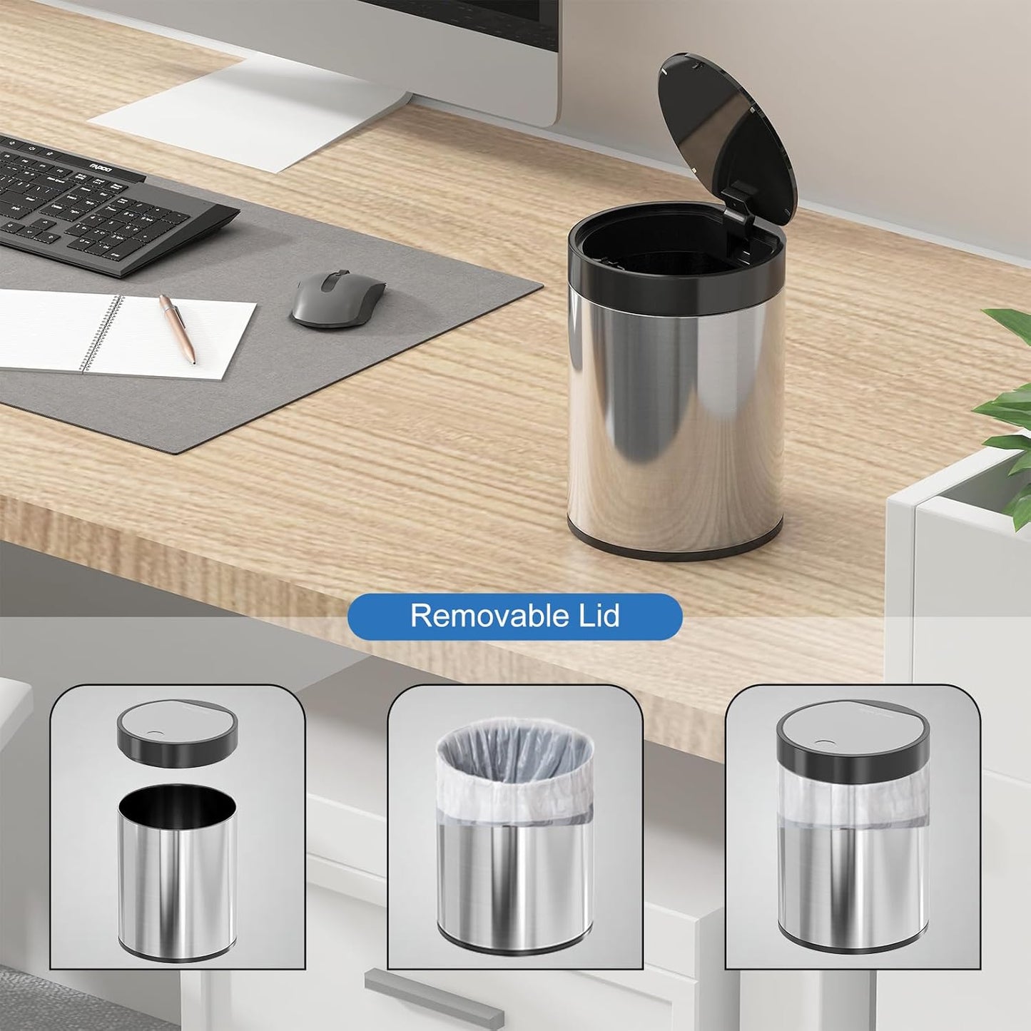 Mini Trash Can for Desk 0.4 Gallon,1.5L Stainless Steel mini Desk Trash can with Lid,Tiny Trash Can for Desk with 1 Roll Bags for Office, Home, Car,(Brushed Gray)